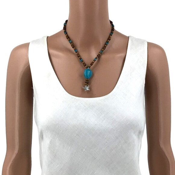 Boho Style Necklace Brown Blue Beaded Butterfly Charm 16 Inch Length - Picture 2 of 2